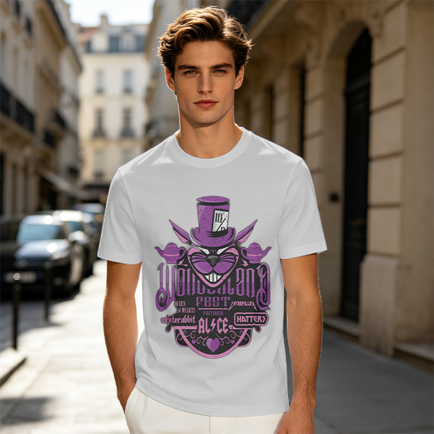 Olive T-Shirt with Wonderland Cheshire Cat Mad Hatter Print