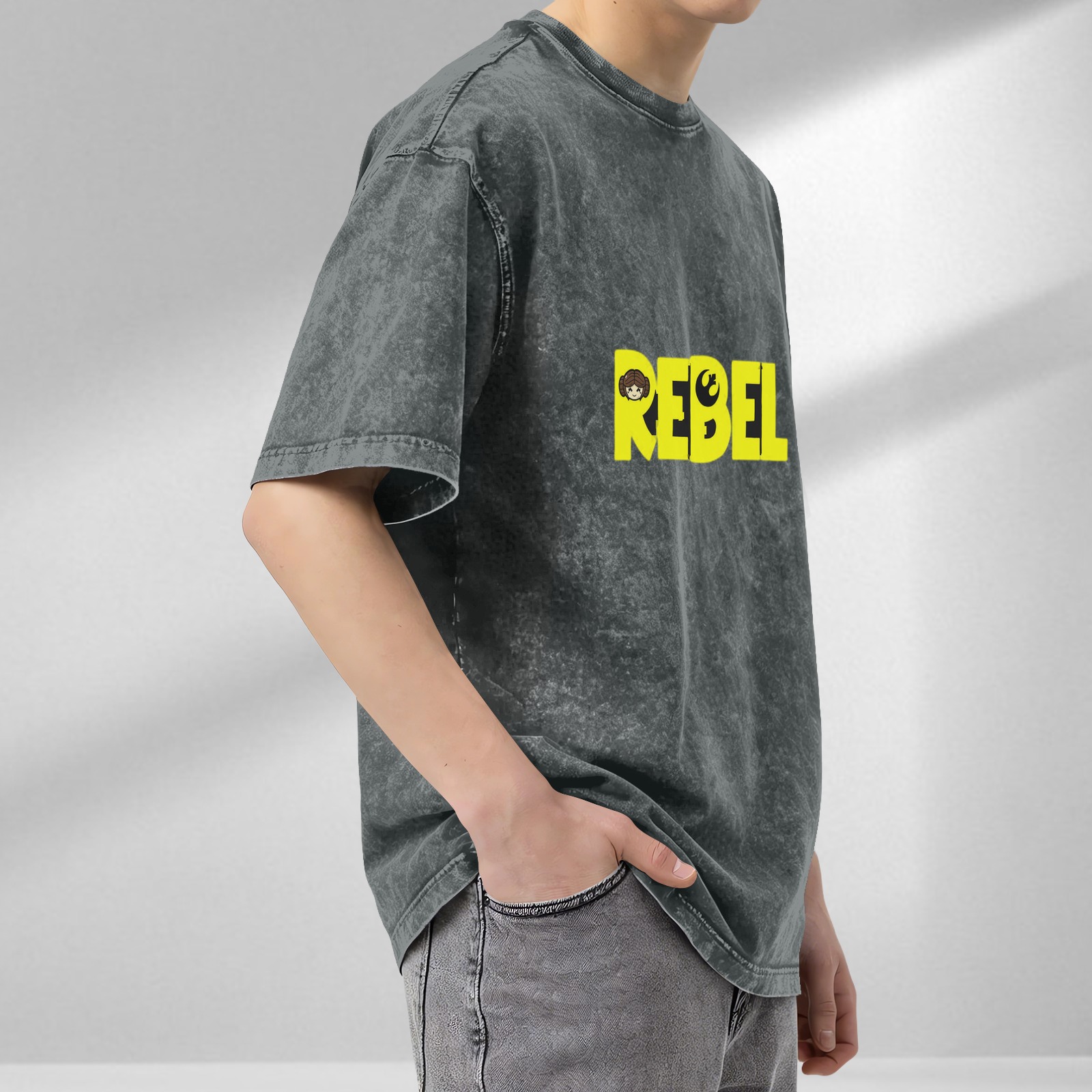 Washed Black Rebel Graphic T-Shirt with Princess Leia Art