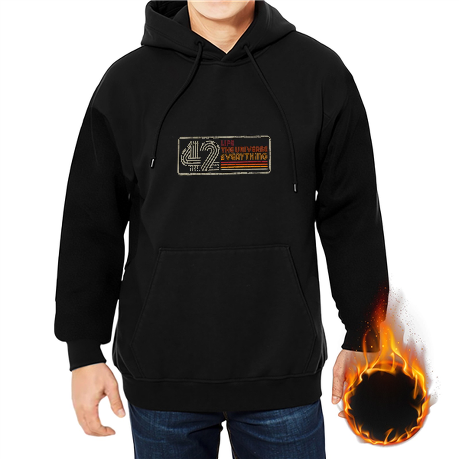 Black hoodie with 42 Life The Universe Everything retro graphic