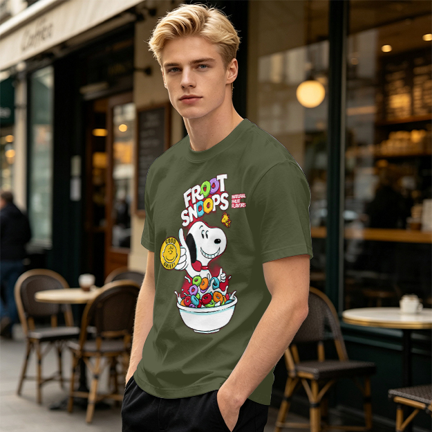 Olive T-Shirt with Snoopy Froot Snoops Cereal Bowl Graphic