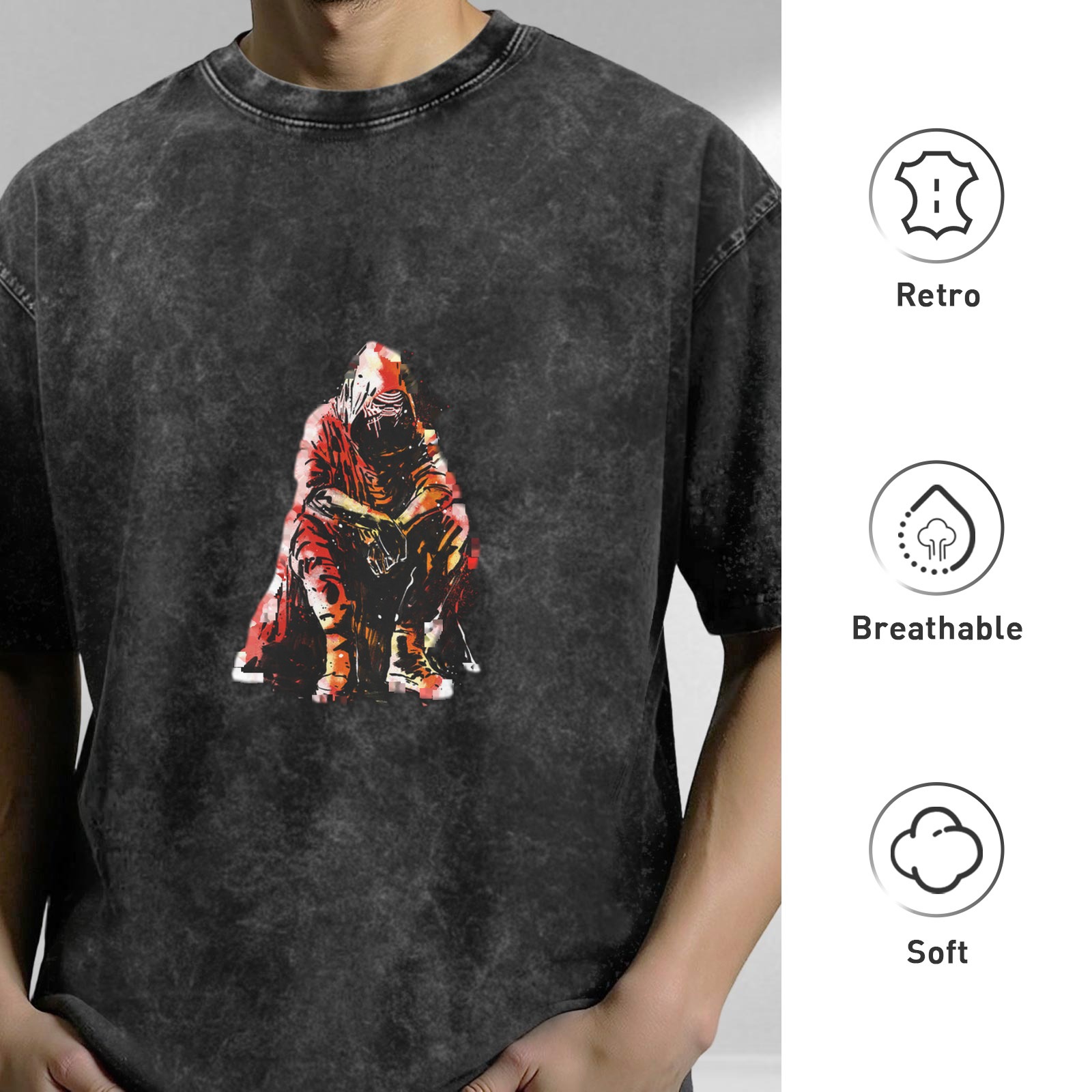 Oversized Acid Wash T-Shirt With Hooded Figure Graphic