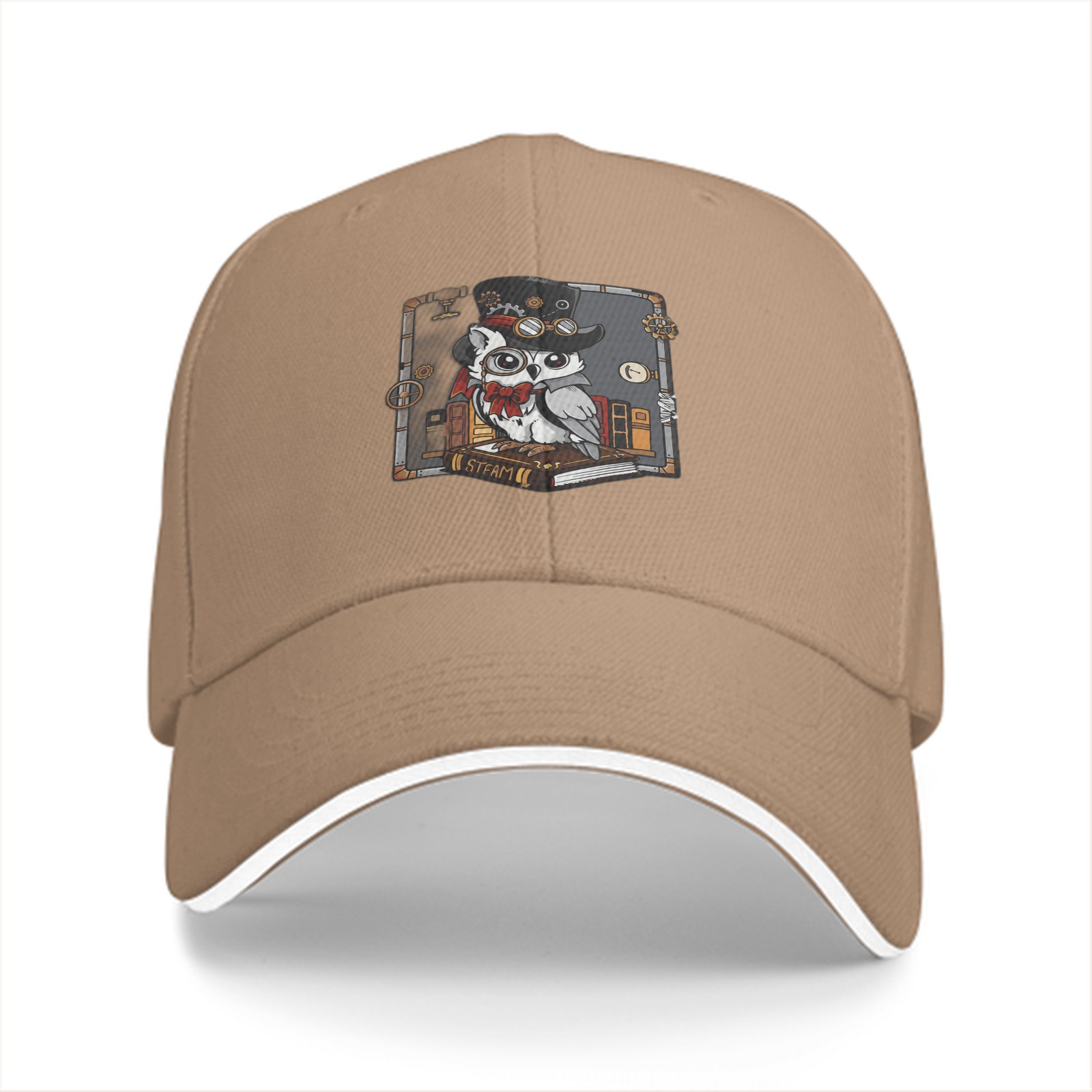 Black Baseball Cap With Steampunk Owl Graphic Design