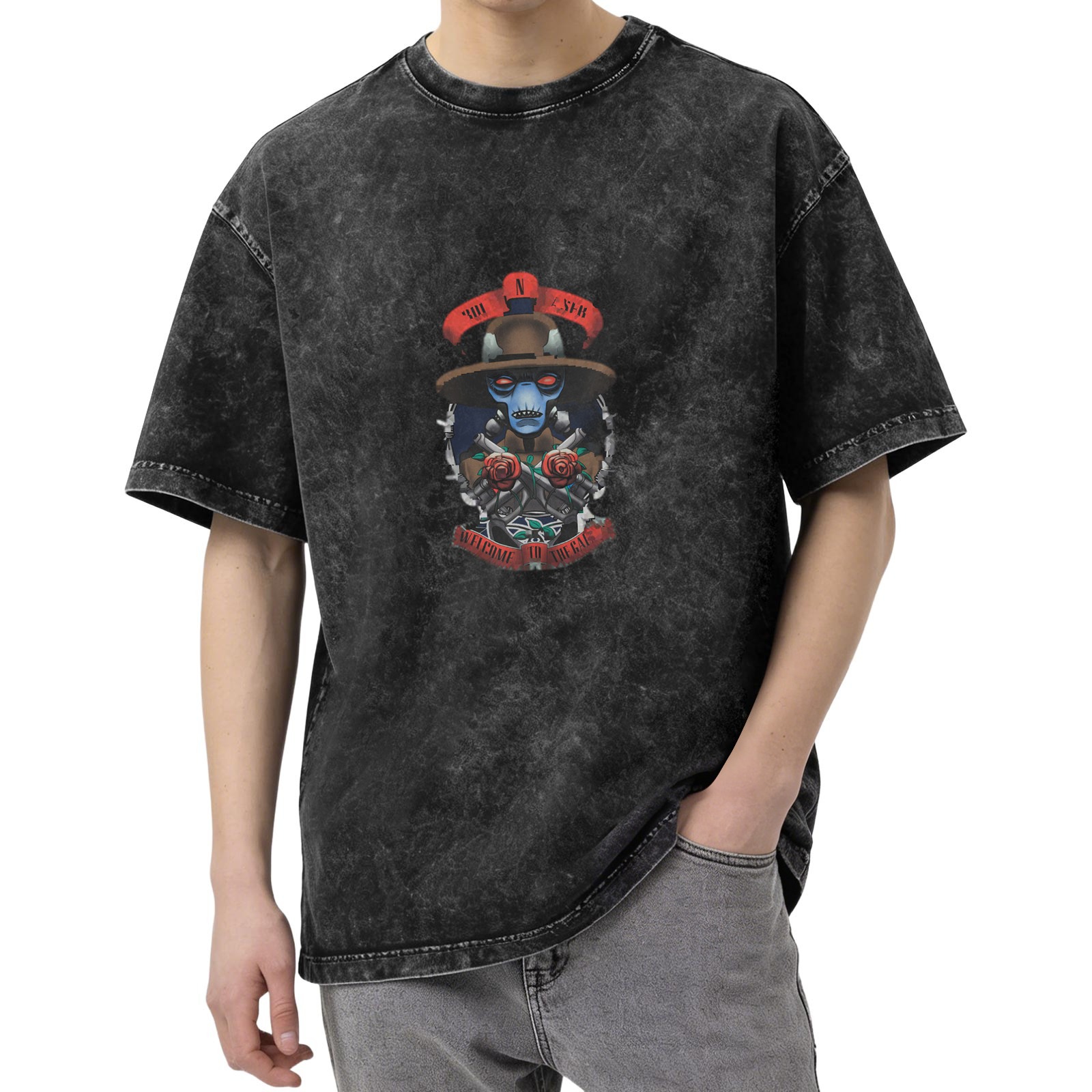 Washed Black T-Shirt With Alien Cowboy Guns And Roses Graphic