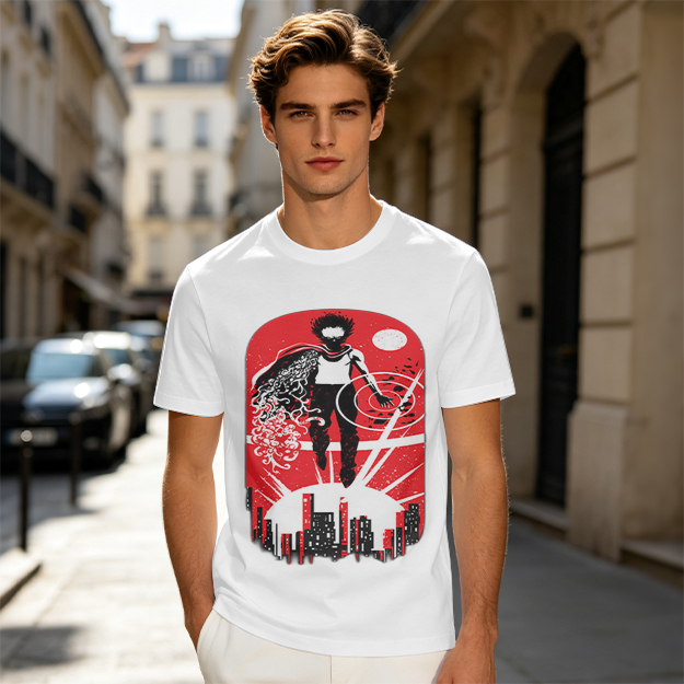 Olive T-Shirt With Anime Superhero Over City Graphic