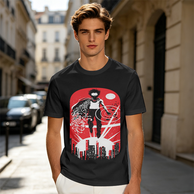 Olive T-Shirt With Anime Superhero Over City Graphic