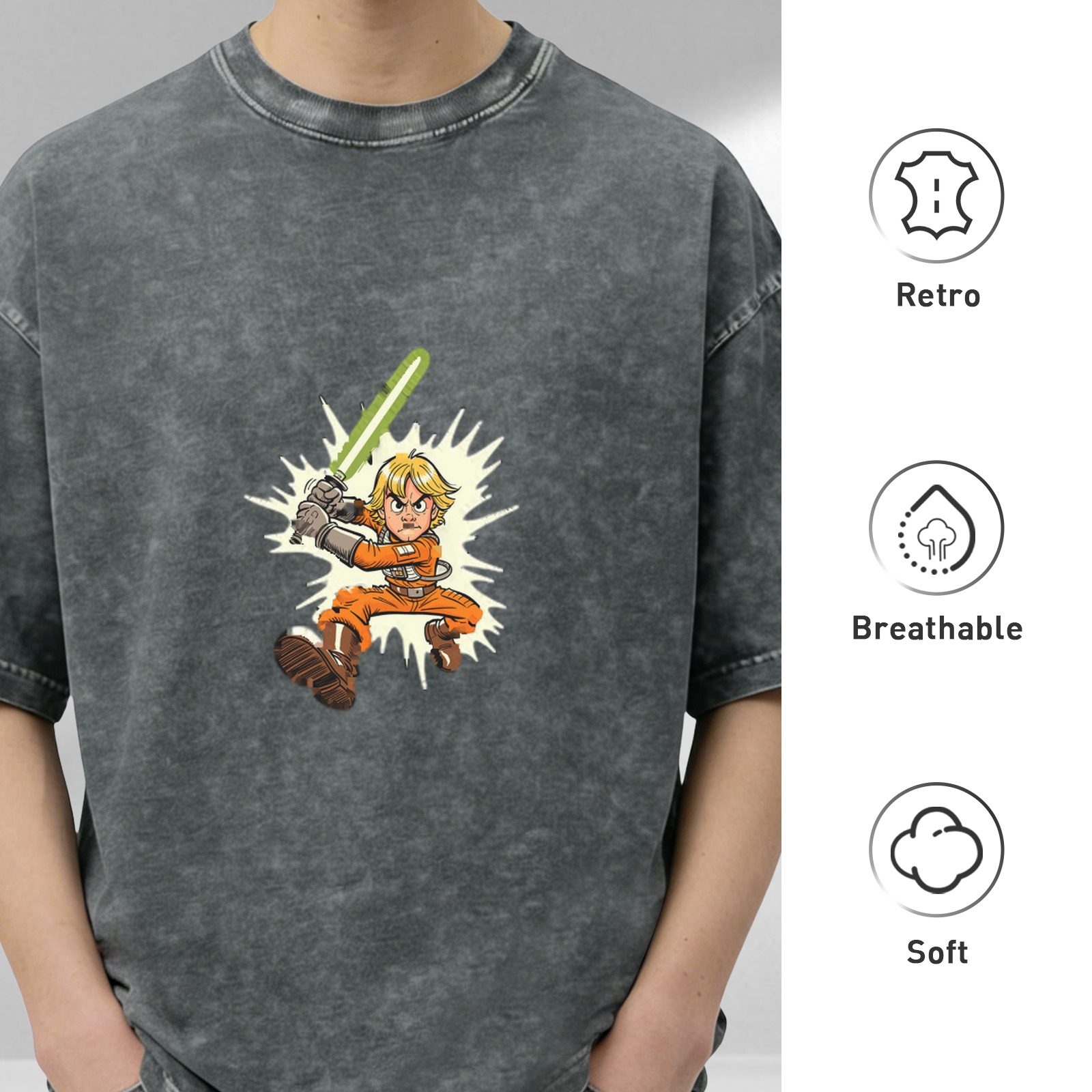 Washed Black T-Shirt With Cartoon Luke Skywalker Lightsaber Print