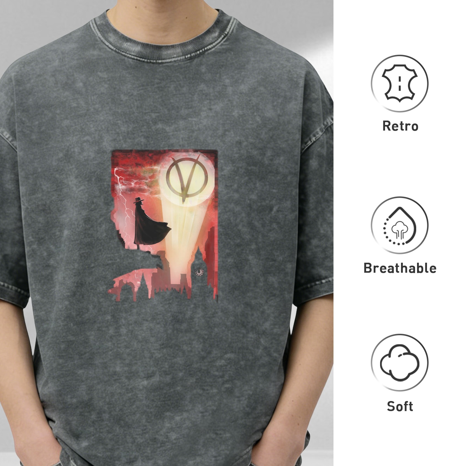 V for Vendetta themed graphic washed black short sleeve t-shirt