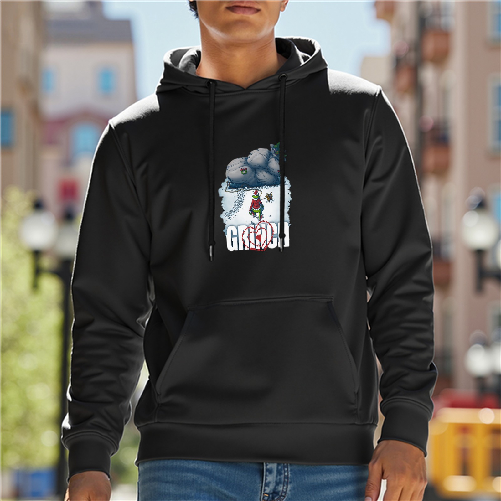 Black hoodie with Grinch Christmas graphic print