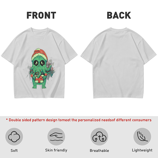 Olive Green T-Shirt With Cute Christmas Cthulhu Graphic