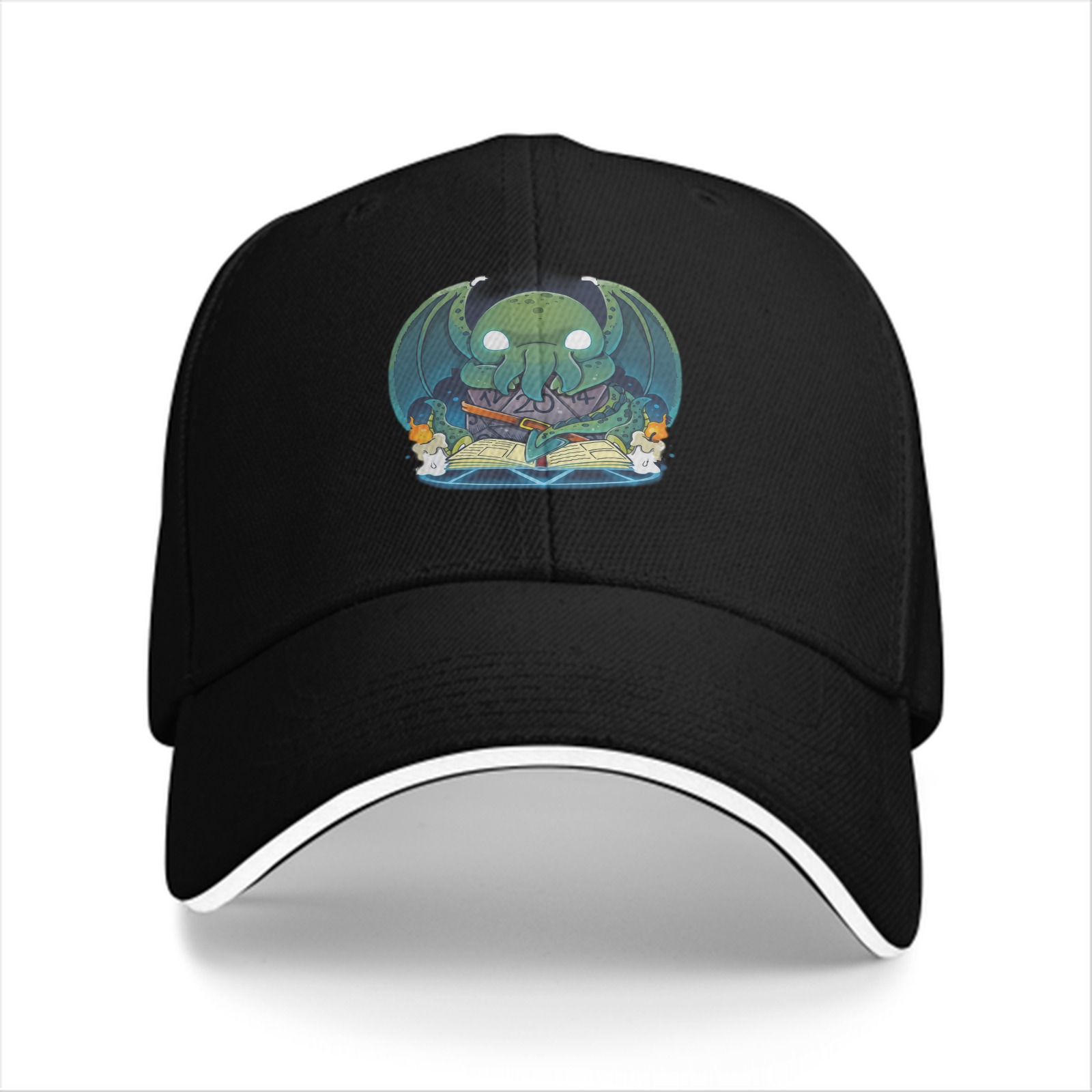 Black Baseball Cap With Cute Cthulhu Reading Spellbook Art