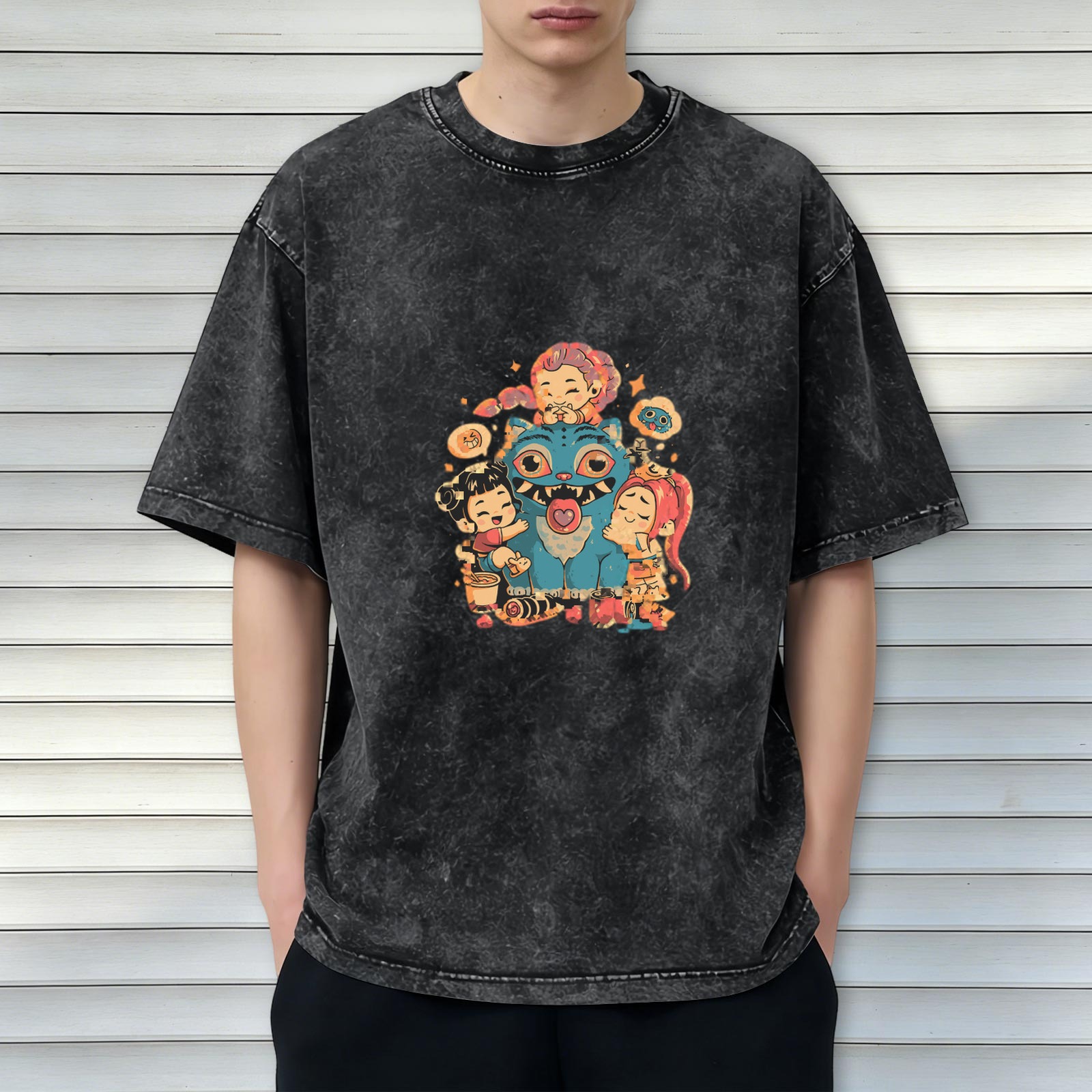 Oversized Vintage Wash T-shirt with Cute Monster & Chibi Characters Graphic Print, Dark Gray Acid Wash Casual Tee