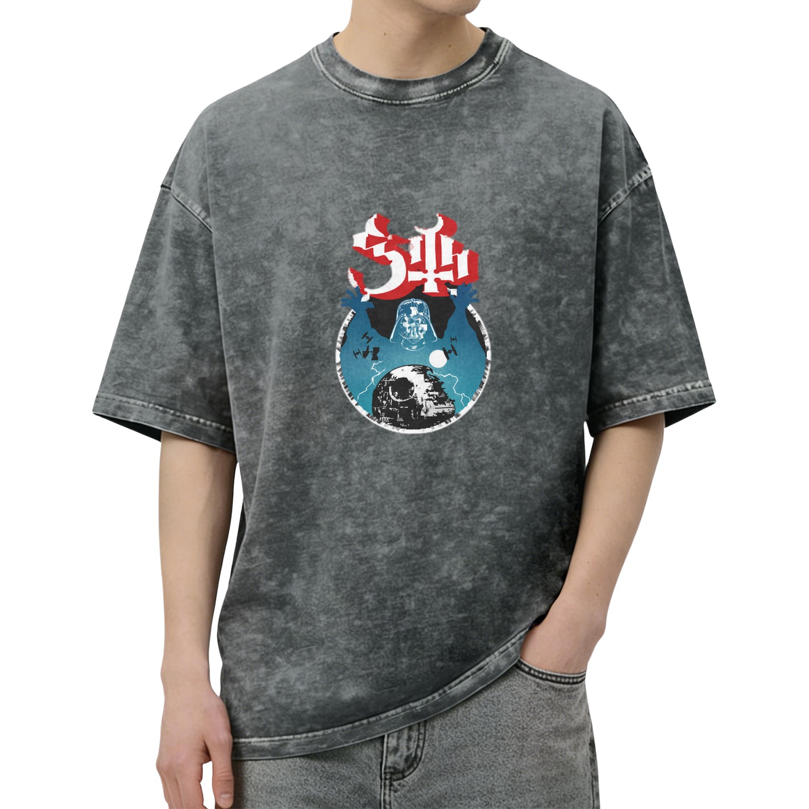 Oversized Acid Wash Graphic T-Shirt with Star Wars Darth Vader & Death Star Print