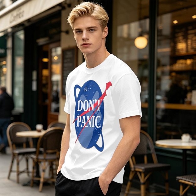 Olive green space-themed t-shirt with 'Don't Panic' print