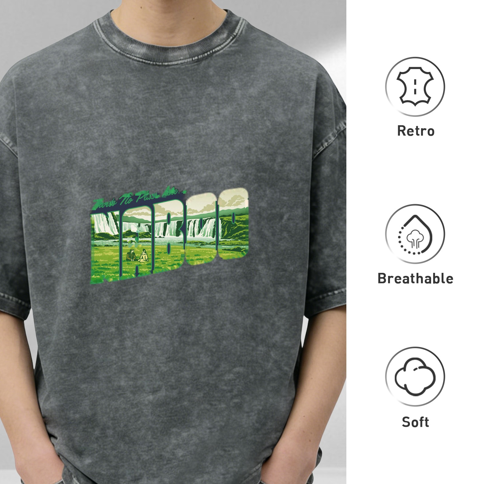 Oversized Acid Wash T-Shirt With Waterfall Landscape Graphic