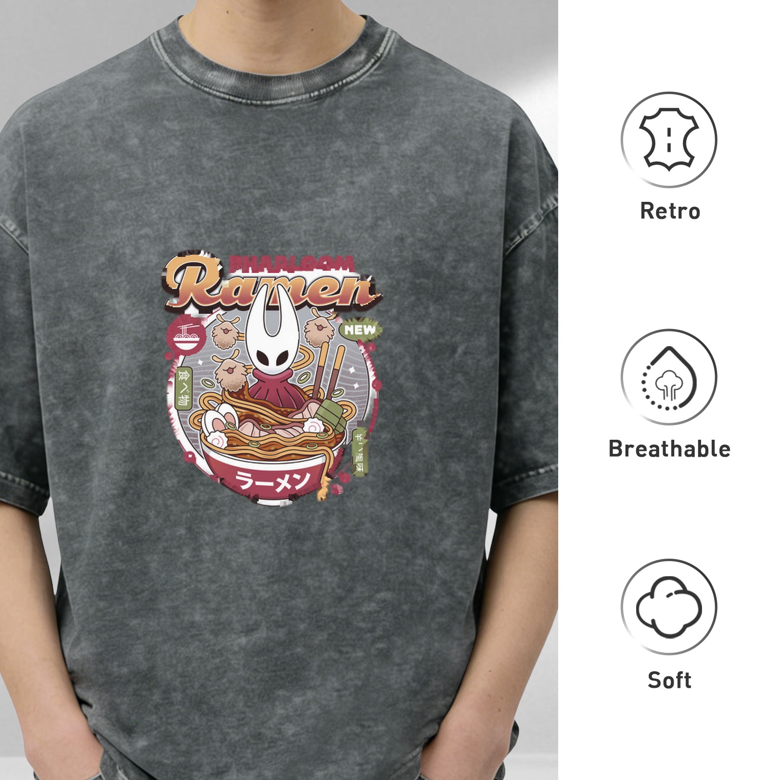 Oversized Acid Wash T-Shirt with Hollow Knight Ramen Graphic