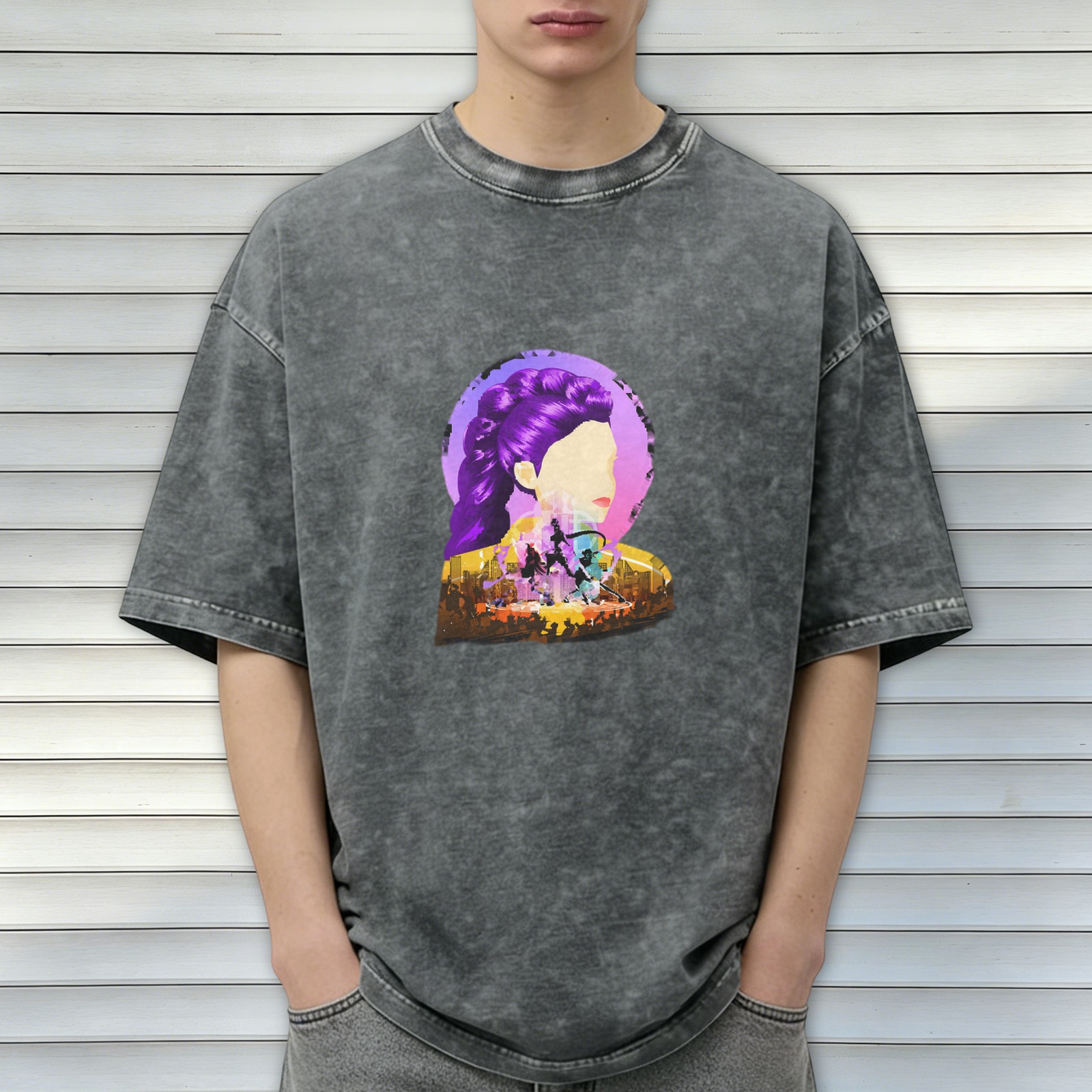Oversized Acid Wash Graphic T-Shirt with Stylized Purple-Haired Woman Art Print