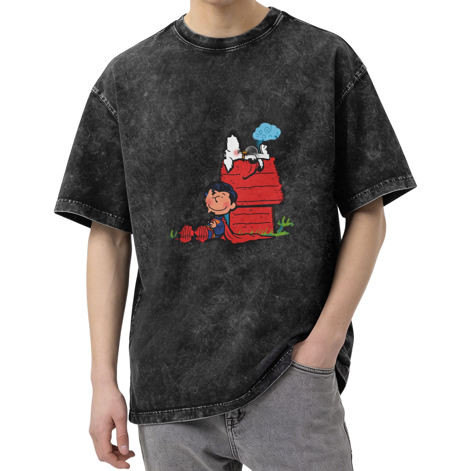 Snoopy and Charlie Brown Superman Mashup Vintage Black T-Shirt