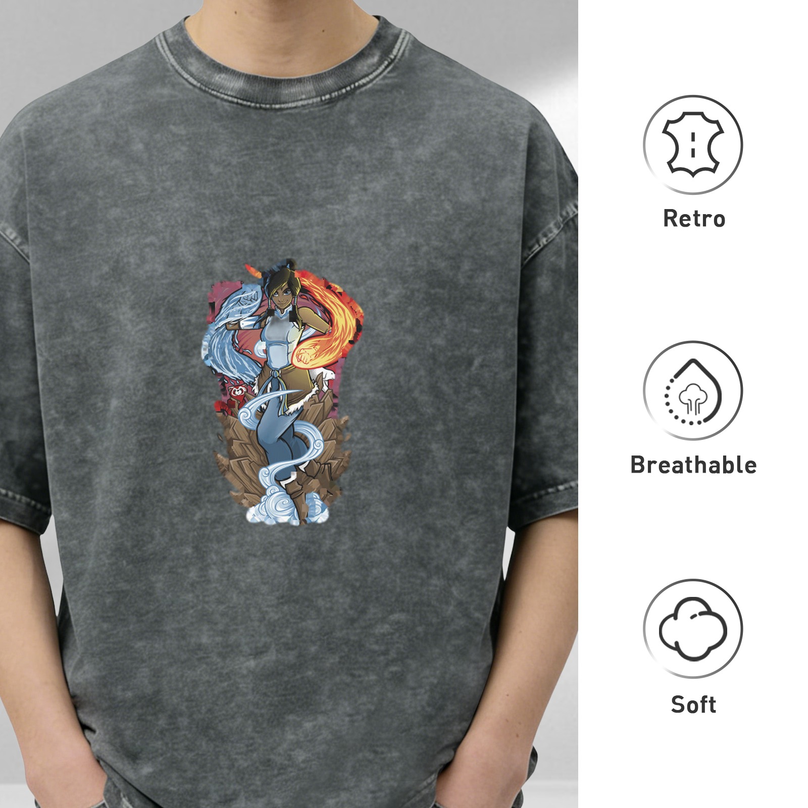 Avatar Korra Graphic Stonewashed Black Oversized T-Shirt