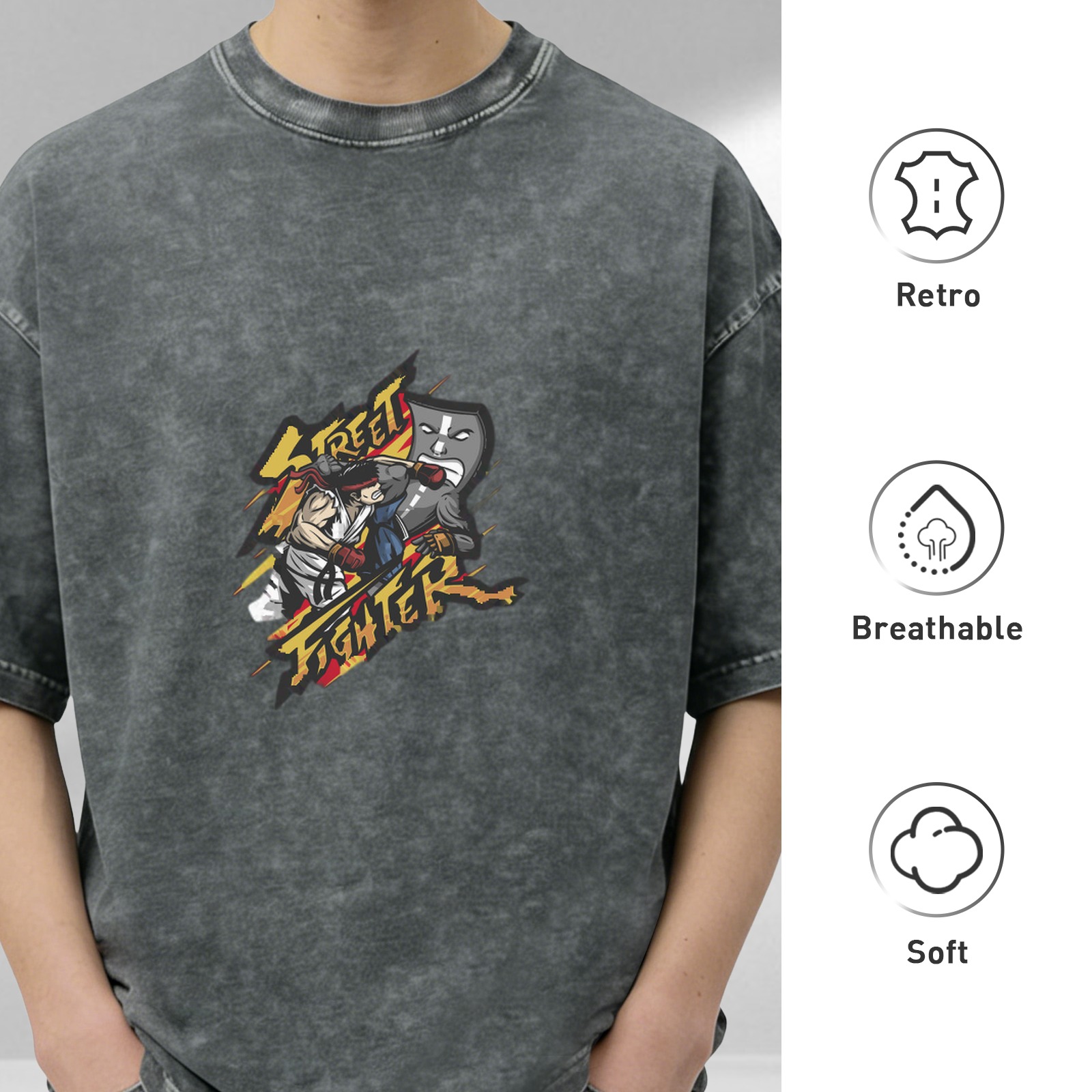 Oversized Stonewashed Black T-Shirt With Street Fighter Graphic Print