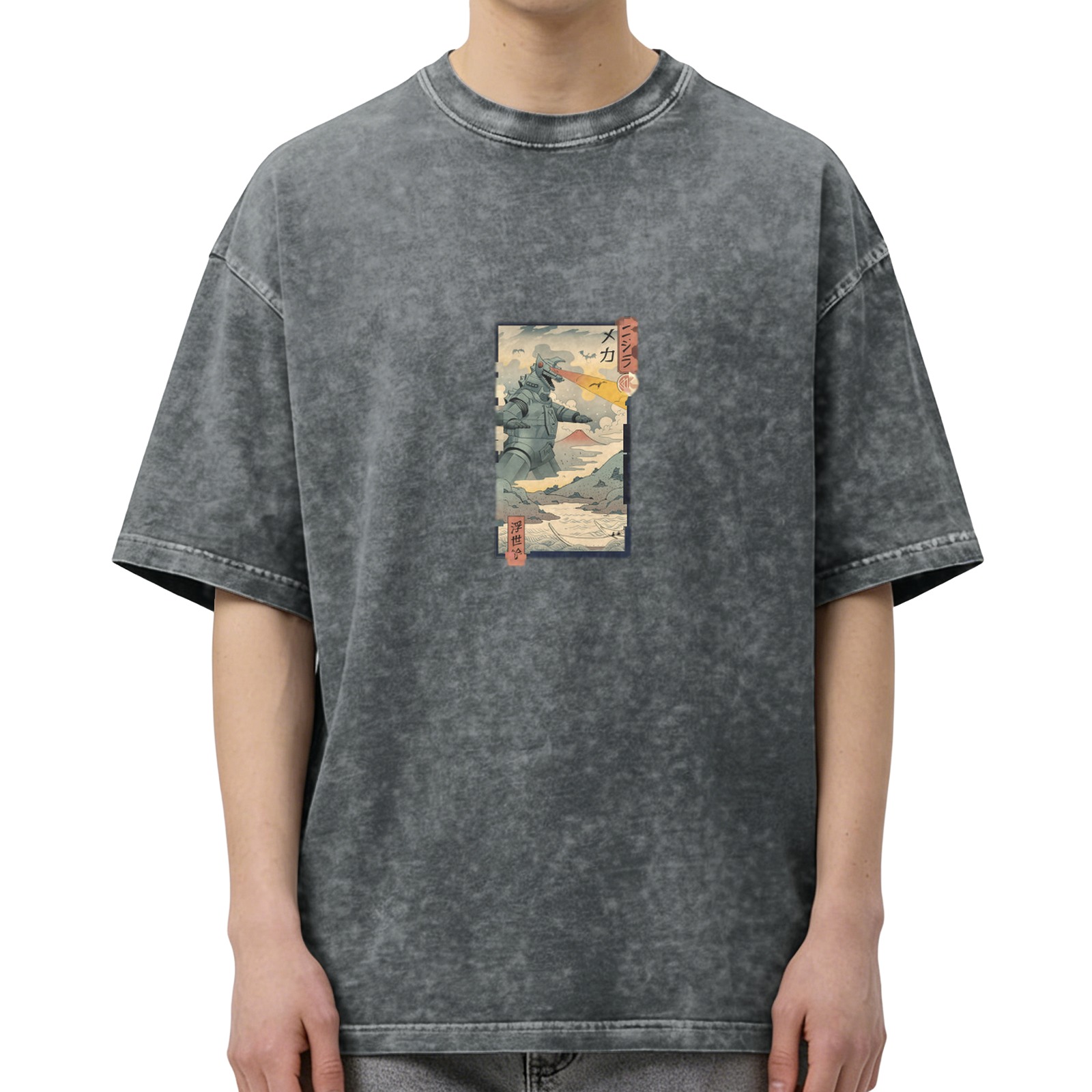 Oversized Acid Wash T-Shirt with Ukiyo-e Mech Monster Print
