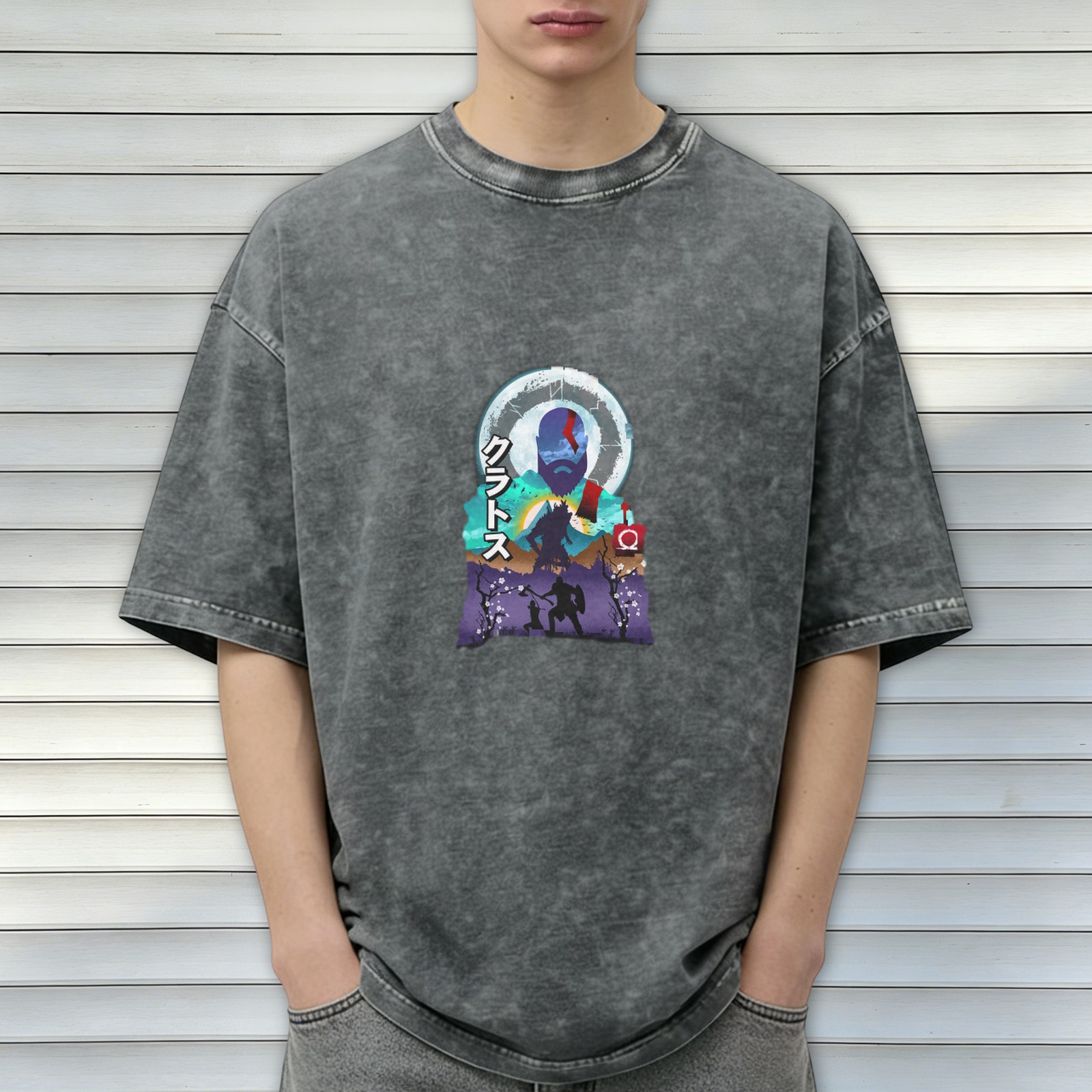 Oversized Dark Wash Graphic Tee With Norse Warrior Artwork