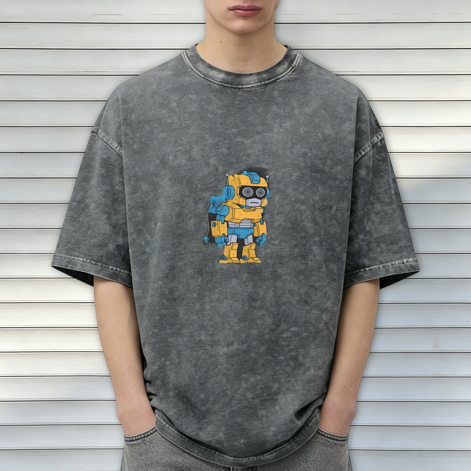Oversized Acid Wash T-Shirt With Cute Yellow Robot Graphic