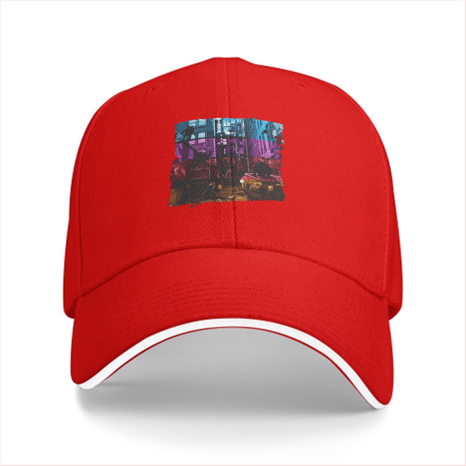 Black Baseball Cap with Neon Cyberpunk Cityscape Graphic