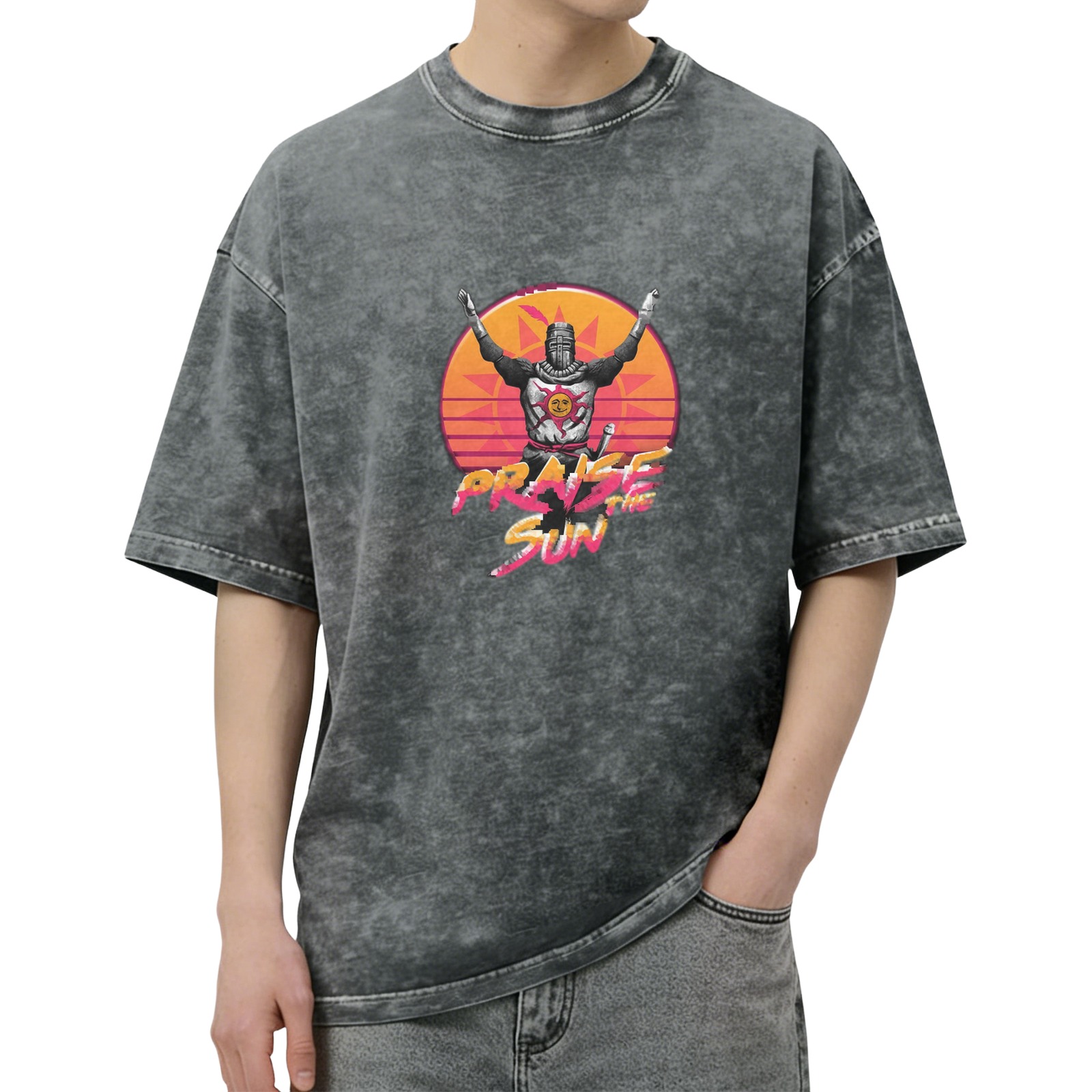 Dark Souls Praise The Sun Retro Graphic Acid Wash Oversized T-Shirt