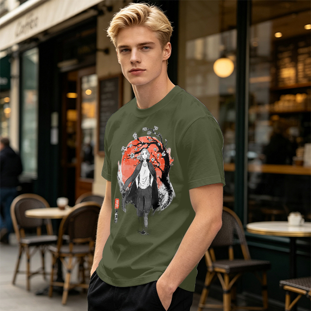 Anime Character with Cherry Blossom Red Moon Graphic T-Shirt