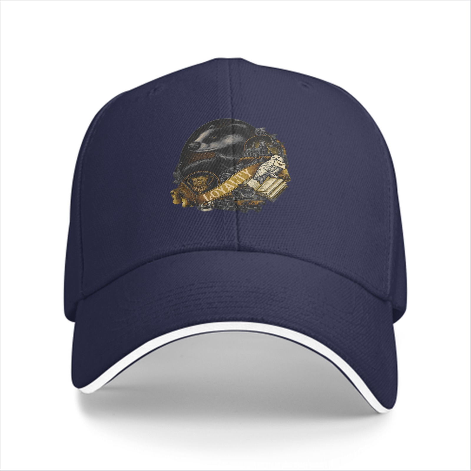 Black baseball cap with Hufflepuff loyalty badger crest print