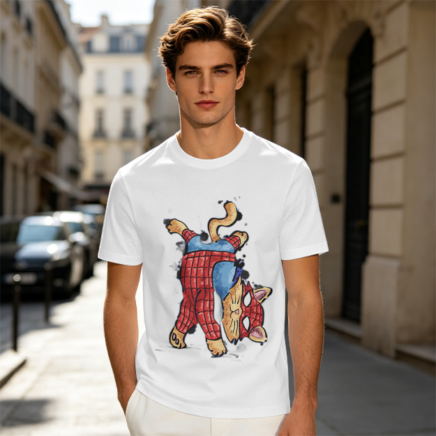 Olive T-Shirt With Playful Spider Cat Superhero Graphic Print