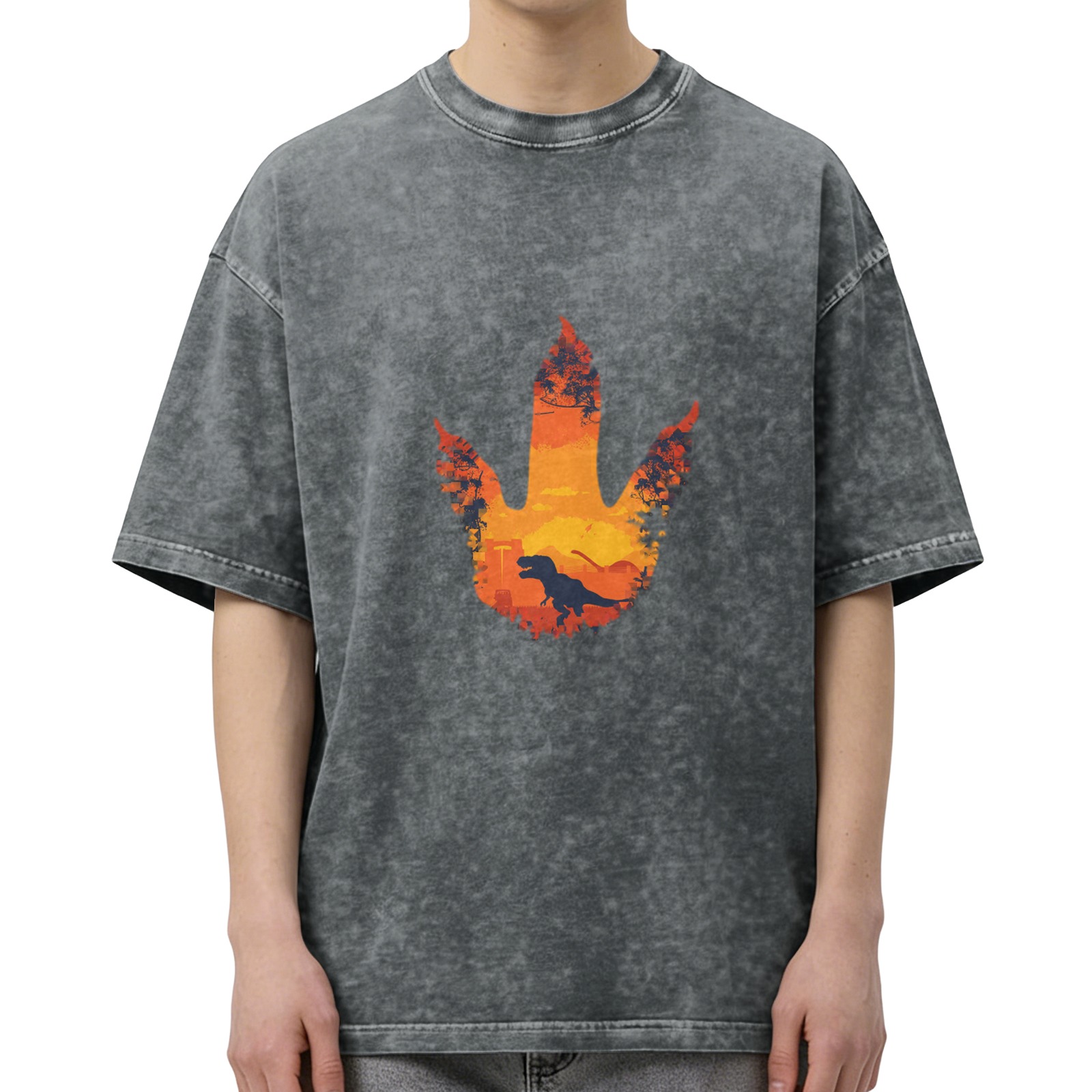 Washed Black Oversized T-Shirt with Dinosaur Footprint Sunset Graphic