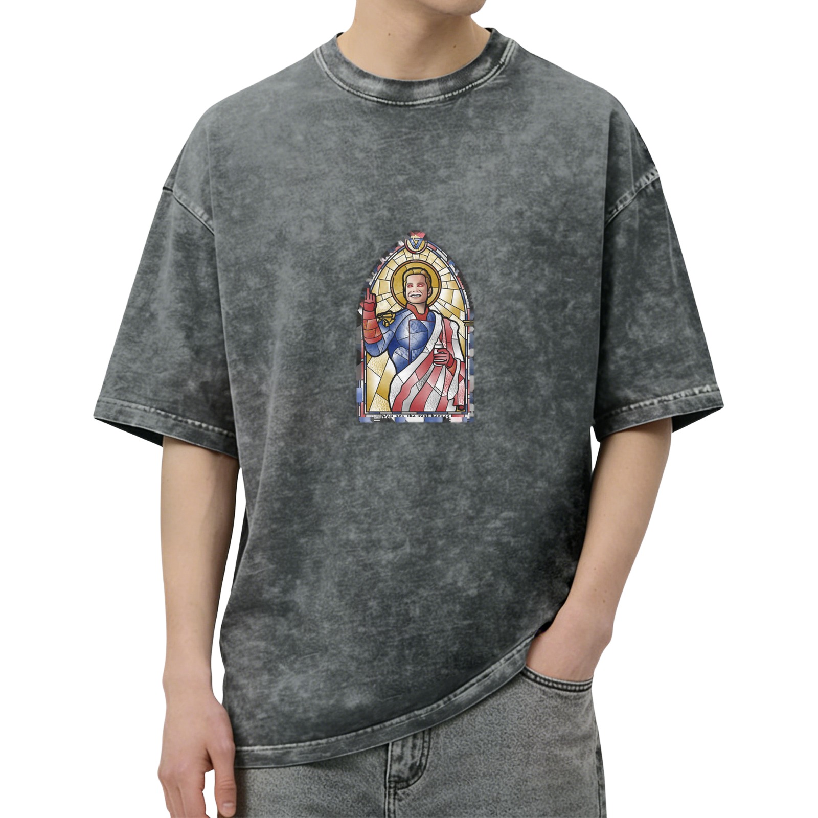 Washed black t-shirt with stained glass style superhero print