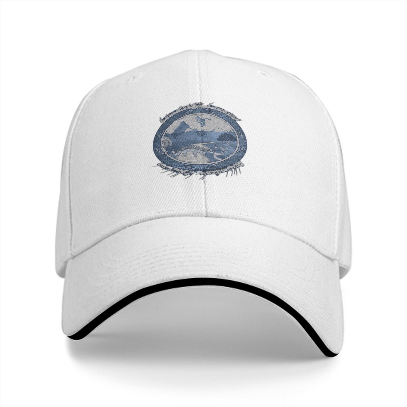 Black Baseball Cap With Distressed Blue Landscape Graphic