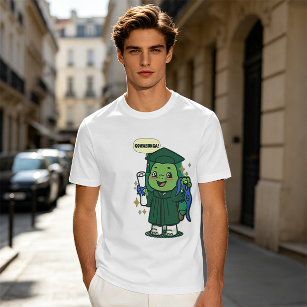 Olive T-shirt with Graduation Turtle Saying Cowabunga