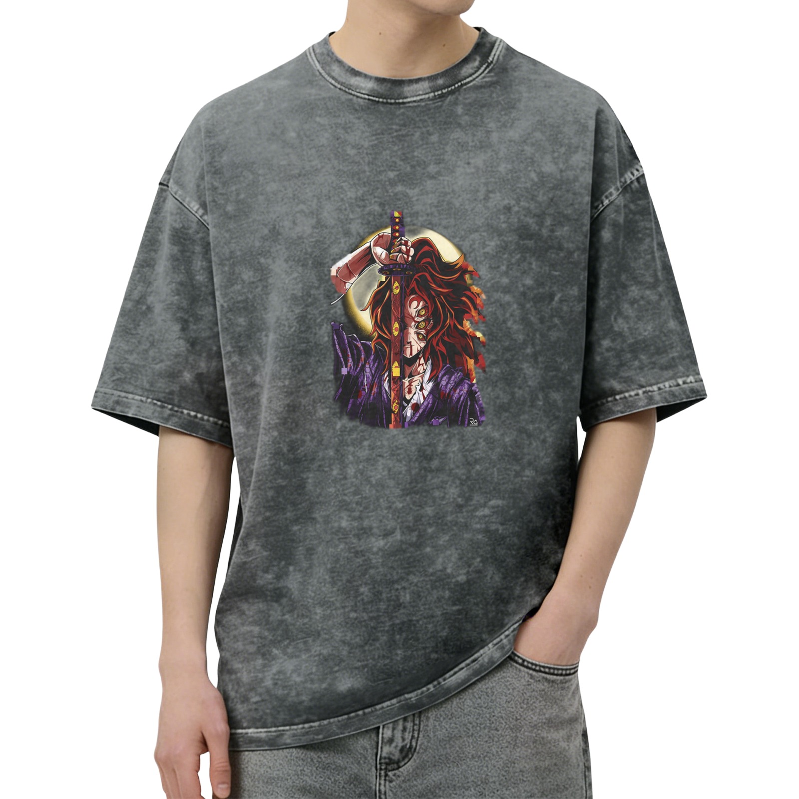 Anime Demon Slayer Character Graphic Stone Wash Oversized T-Shirt