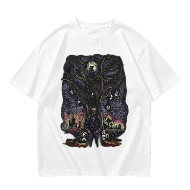 Olive t-shirt with gothic tree raven and graveyard graphic