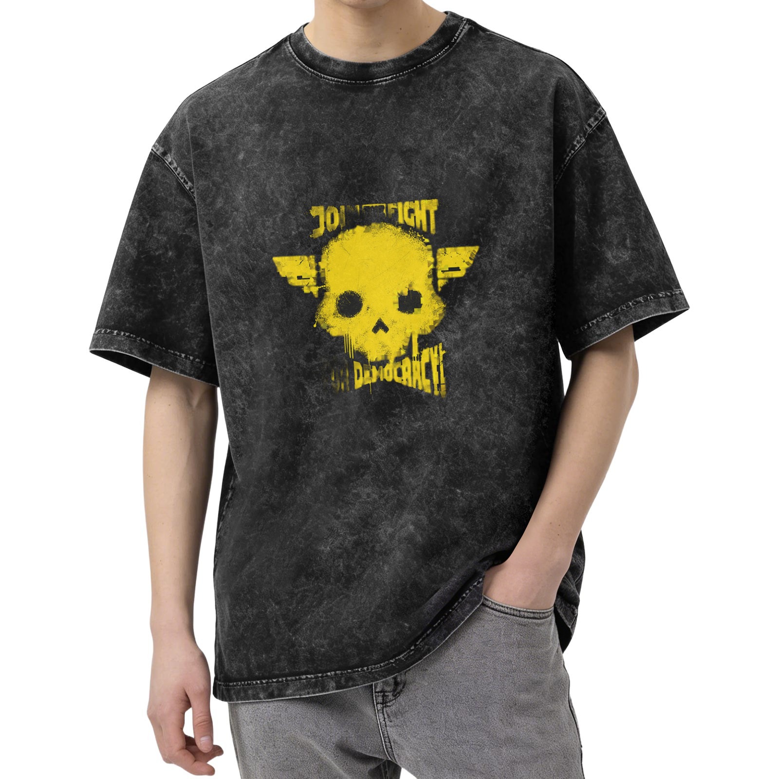 Distressed washed black short-sleeved T-shirt Hellraiser 2 Join Fight Democracy skull printed loose top