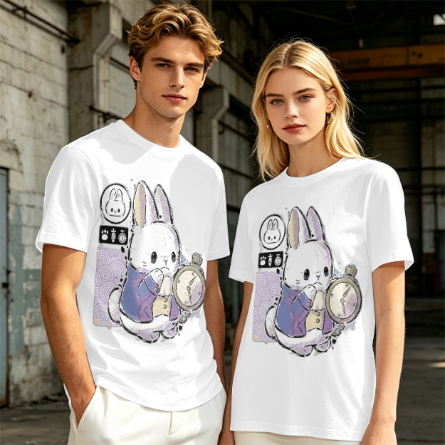 Olive T-Shirt With White Rabbit Holding Pocket Watch Print