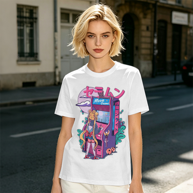 Anime girl playing moon arcade game graphic tee