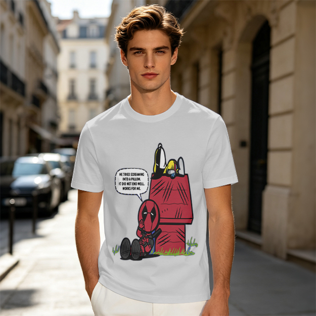 Olive t-shirt with Deadpool and Snoopy mashup graphic