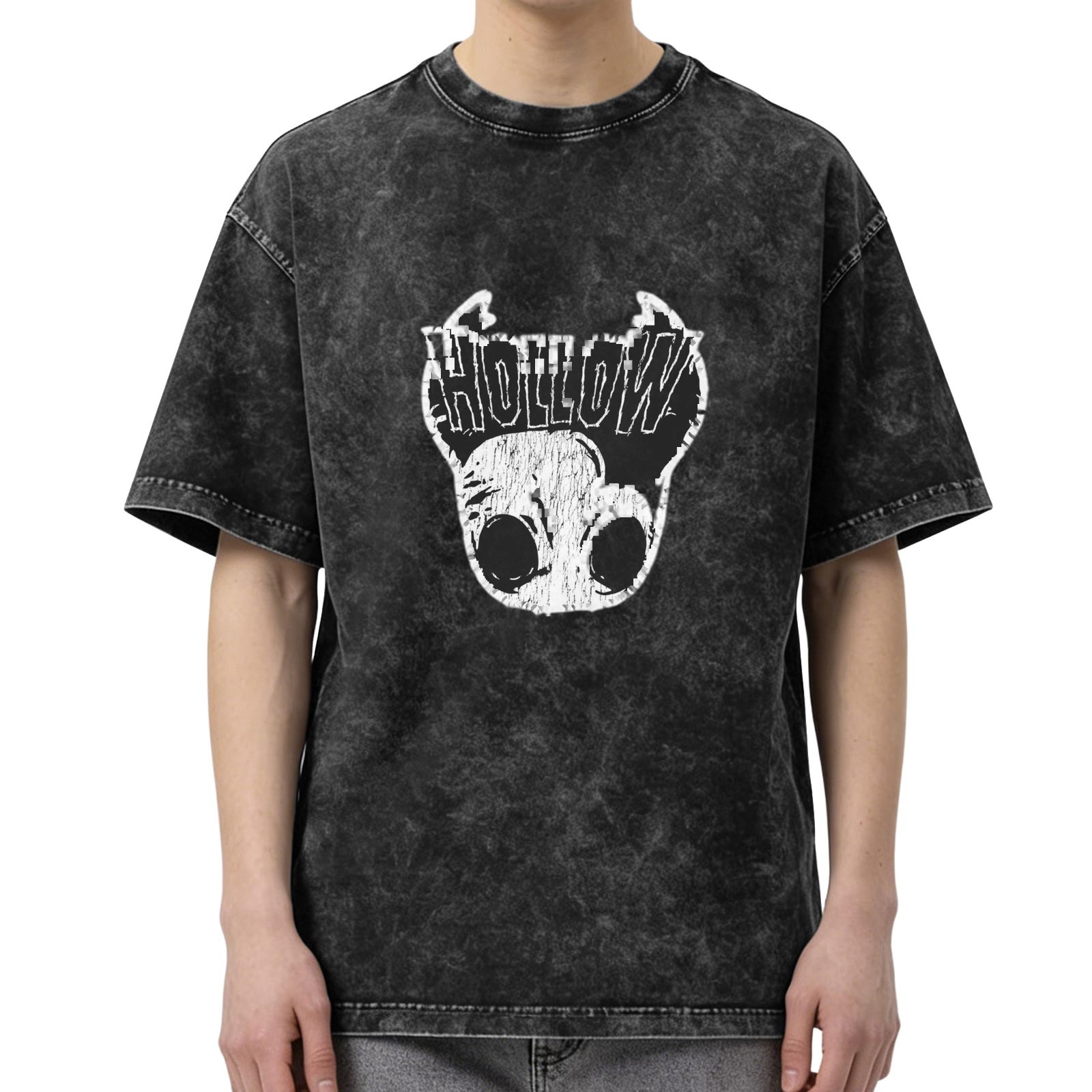 Washed Black T-Shirt With Hollow Skull Graphic Print