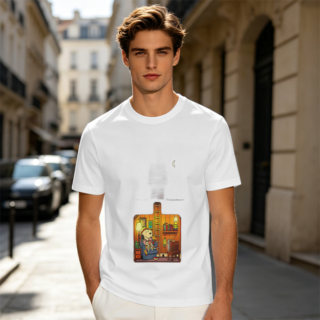 Olive T-Shirt With Cozy Dog In Room Graphic Print