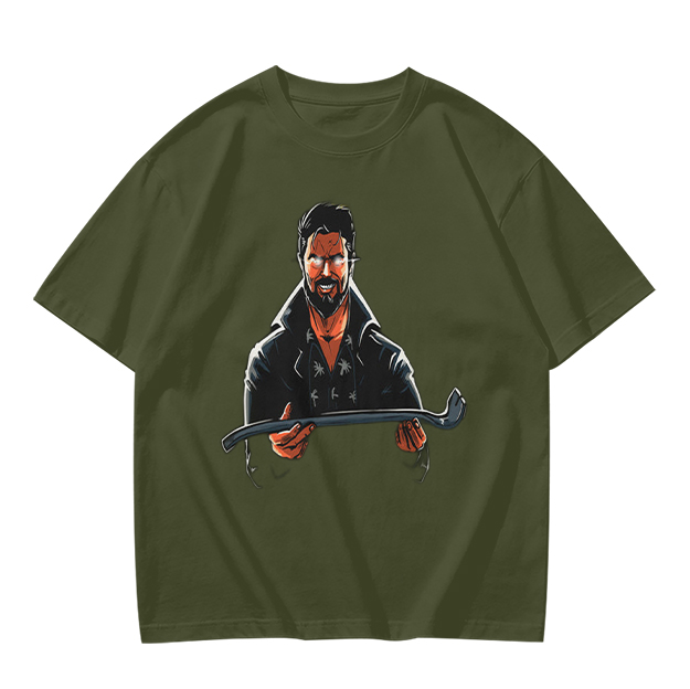 Olive T-Shirt With Bearded Man Holding Crowbar Graphic Print