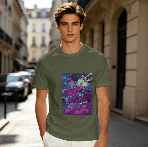 Olive T-shirt with Neon Cyberpunk Anime Character Print
