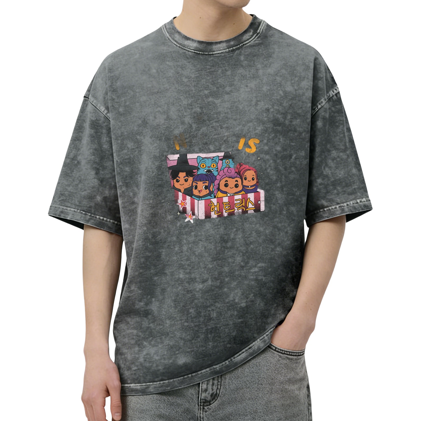 Oversized Black Acid Wash T-Shirt With Cute Cartoon Character Graphic