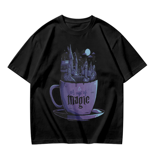 Olive T-Shirt With Teacup Holding Magical Castle Artwork