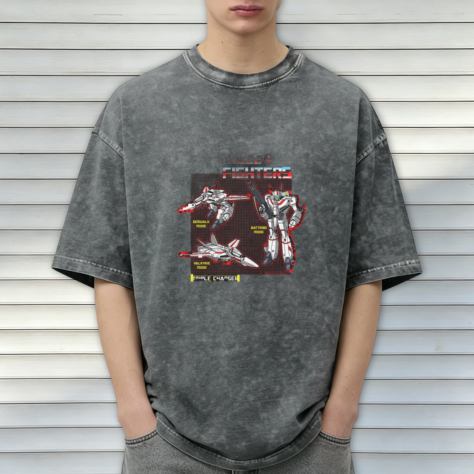 Retro washed black loose short-sleeved T-shirt, anime mecha three-transformation print, street fashion casual top