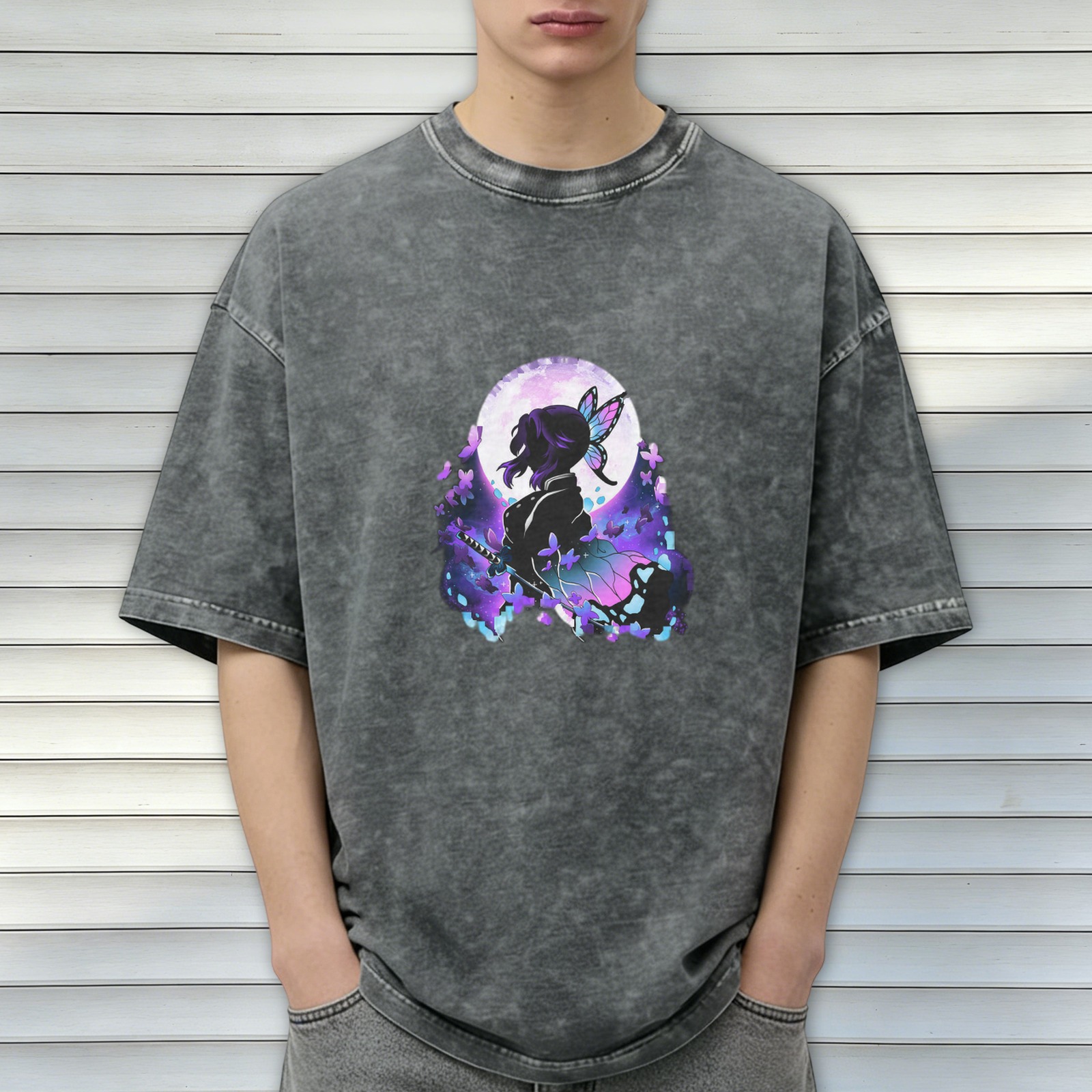 Oversized Acid Wash T-Shirt With Anime Butterfly Silhouette Graphic