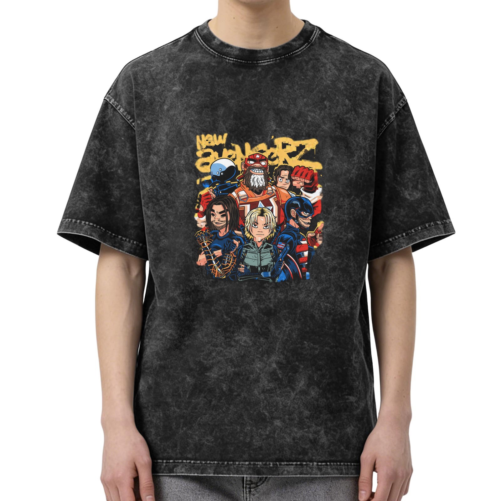 Washed Black T-Shirt With New Avengerz Superhero Group Artwork